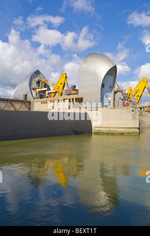 The Thames Barrier on the down stream side with the gates in the raised (defensive) position to allow 'underspill'. Stock Photo