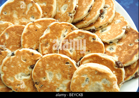 A plate of welsh cakes, traditional round currant griddle cooked scones Stock Photo