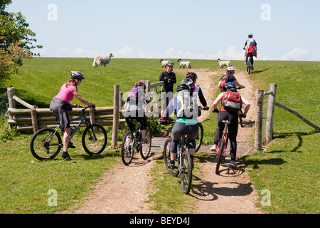 Mountain bikers pass through gate on the South Downs Way, East Sussex. Stock Photo