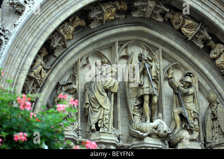Stone carved statues above an on the Town Hall in the Grand Place in Brussels Belgium Stock Photo