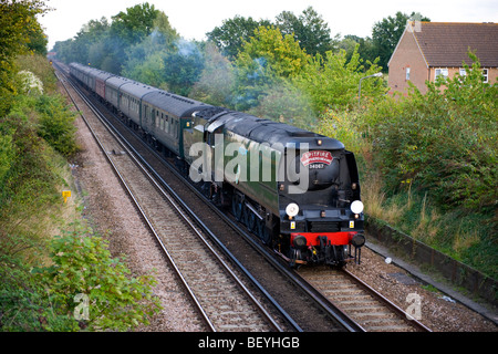 Bulleid light pacific 34067 'Tangmere' at Five Oak Green, near Tonbridge, Kent, UK with a special charter train. Stock Photo