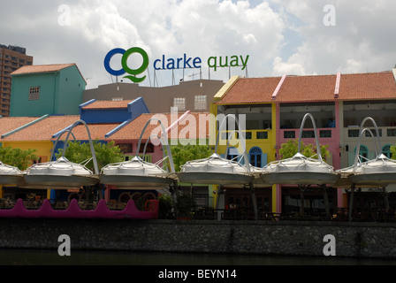 Clarke Quay and sign, Clarke Quay, Singapore River, Singapore Stock Photo