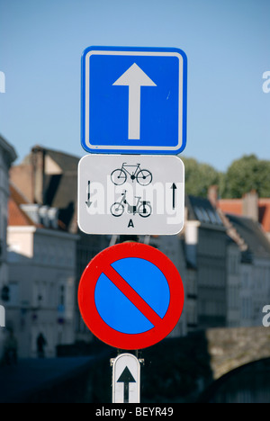 Traffic sign showing one way traffic apart from bicycles and mopeds, Bruges, Brugge, Belgium Stock Photo