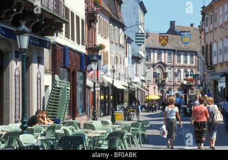 Cafe, Grand Rue, Shopping Street, Pedestrian Precinct, Haguenau, Alsace, France Stock Photo