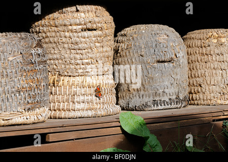 Bienenkörbe aus Stroh gemacht. - Bee skeps made of straw. Stock Photo
