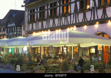 Restaurant La Halle Aux Bles at night in Obernai, Alsace, France Stock Photo