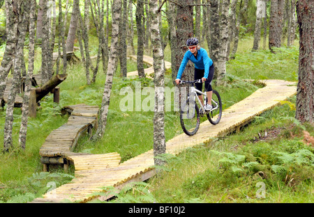 Friends cycling on a purpose built cross country mountain bike course Stock Photo