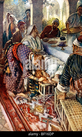 Painting of The Woman with the Box of Ointment which shows a woman washing Jesus' feet with her tears Stock Photo