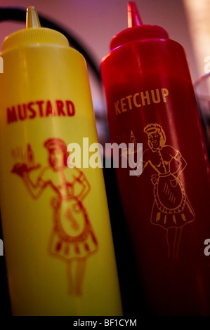 Mustard and ketchup, close-up, Norway. Stock Photo