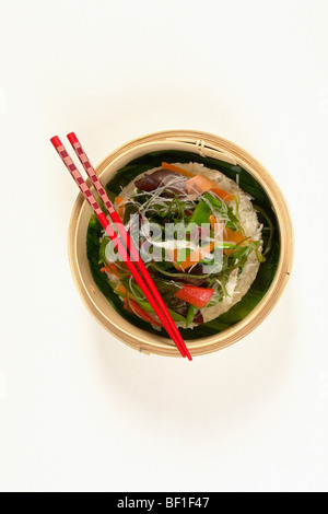 High angle view of vegetables and rice in a streamer Stock Photo