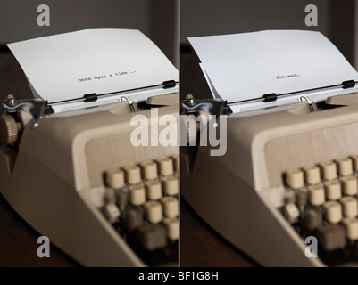 Two typewriters with the beginning and end of a script Stock Photo