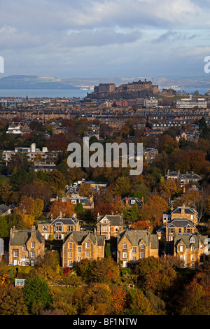 Blackford, Edinburgh residential area during the autumn season with Edinburgh Castle in the background, Scotland, UK, Europe Stock Photo