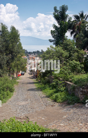 A view from the top of Colon street looking south straight down to Lake Chapala, Ajijic, Mexico. Stock Photo