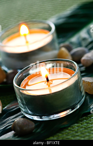 Burning candles in glass holders on green leaf Stock Photo