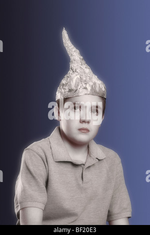 Boy wearing tin-foil hat.