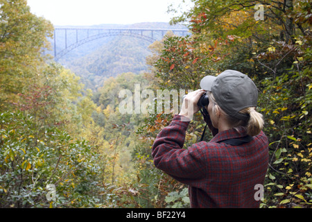 Birdwatcher with Binoculars at New River Gorge - West Virginia Stock Photo