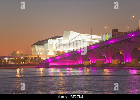 The illuminated Carnival Center for the Performing Arts in the evening, Miami, Florida, USA Stock Photo