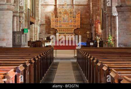 The view of the High Altar from the Nave inside the historical Abbey in the merchant town of Shrewsbury in Shropshire,England. Stock Photo