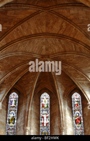 The  stained glass windows  and vaulted  roof-space  inside  the capacious Abbey, Abbey Foregate,Shrewsbury,Shropshire,England. Stock Photo