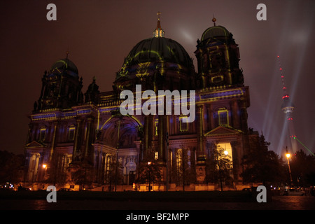Berliner Dom cathedral and television tower at Alexanderplatz square, Festival of Lights 2009, Berlin, Germany, Europe Stock Photo