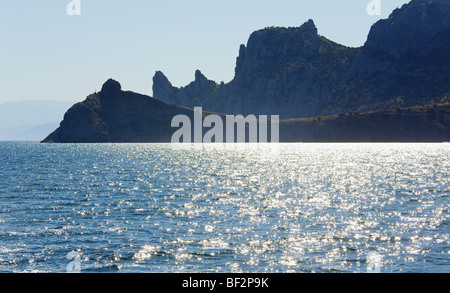 coastline of 'Novyj Svit' reserve (Crimea, Ukraine, 'Capchik Cape' on background) Stock Photo