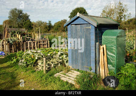 blue painted Wooden Shed on an allotment garden, Aberystwyth Wales UK Stock Photo