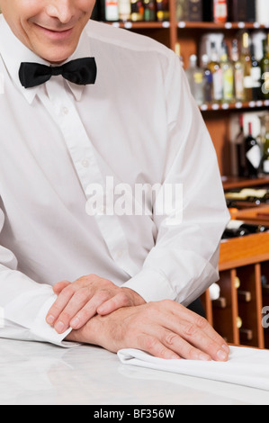 Waiter leaning against a bar counter Stock Photo