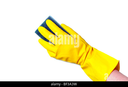 hand in glove with sponge isolated on white Stock Photo