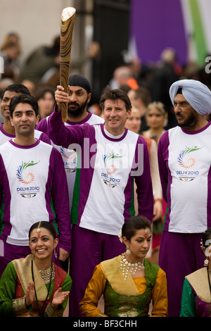 Lord Sebastian Coe holding the Queen's Relay Baton at the London start to the build up for the Delhi 2010 Commonwealth Games Stock Photo