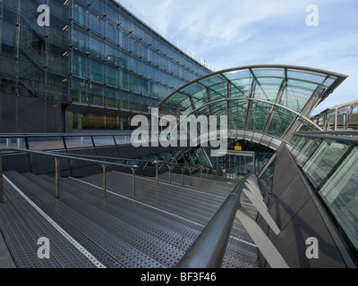 the contemporary architecture of the Brussels Luxembourg underground train station uses mostly metal and glass. Stock Photo