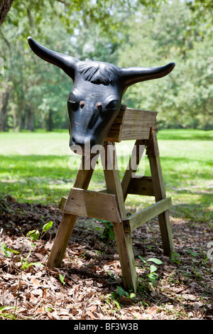 Friendship Florida - July 2008 - Cow head with horns mounted on saw horse for roping practice Stock Photo