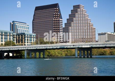 Austin's eclectic attractive skyline is best viewed from Auditorium Shores on the banks of the Colorado River Austin Texas Stock Photo