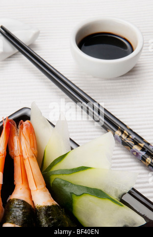 Close-up of nigiri sushi served with soy sauce Stock Photo