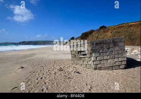 Praa sands; old pill box on the beach; looking towards Rinsey Head; cornwall Stock Photo
