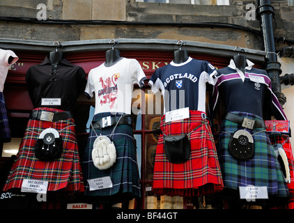 Scottish tourist shop selling tartan kilts woven wool woolen gifts souvenirs Edinburgh scotland front outside street royal mile Stock Photo