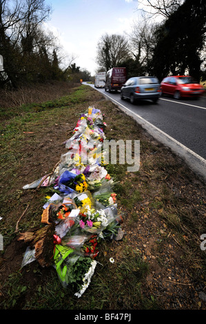 A roadside memorial on the A429 north of Stow-on-the-Wold, Gloucestershire where an accident on 7 March 2008 involving convicted