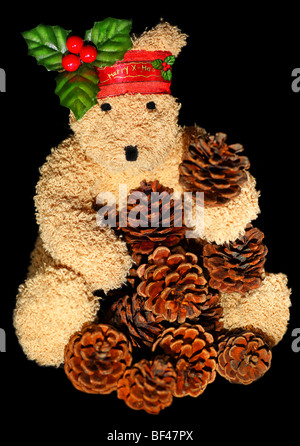 Teddy Bear with Marry Christmas text isolated on black Stock Photo