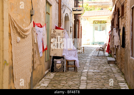 Typical alleyway, crocheted table cloths, souvenirs, Lefkara, Cyprus, Greece, Europe Stock Photo