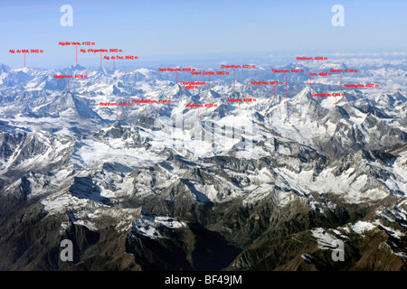 Aerial view of the Valais Alps with the Matterhorn, Dent Blanche, Zinalrothorn, Taeschhorn, Corno, Dom, Nadelspitze, etc. mount Stock Photo