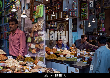 Merchants in the Spice Bazaar, spices, nuts and dried fruits, Old Delhi, India, Asia Stock Photo