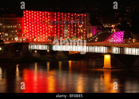 Ars Electronica Center and the Nibelungen Bridge crossing over the Danube River, Linz, Upper Austria, Austria, Europe Stock Photo
