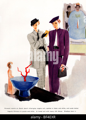 Forward March, 1930s fashion magazine illustration of daytime frocks by Sarah Jane with a vaguely Chinese theme Stock Photo