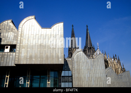 Facade, Museum Ludwig, in the back the Koelner Dom Cologne Cathedral, Cologne, North Rhine-Westphalia, Germany, Europe Stock Photo
