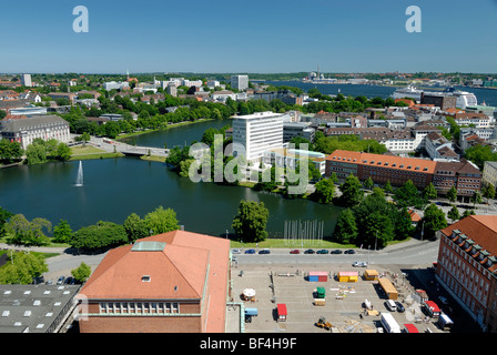 View over Kleine Kiel bay towards the inner fjord with a docked cruise ship, Schleswig-Holstein, Germany, Europe Stock Photo