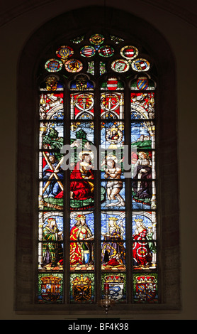 Central stained glass window, baptism in the Jordan, St. George's Cathedral in the Castle, Wiener Neustadt, Lower Austria, Aust Stock Photo