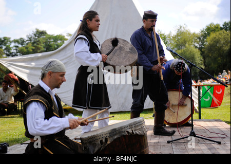 Performances of a Hungarian traditional drum and flute group, open Eocha European championship 09, mounted archery, with steppe Stock Photo