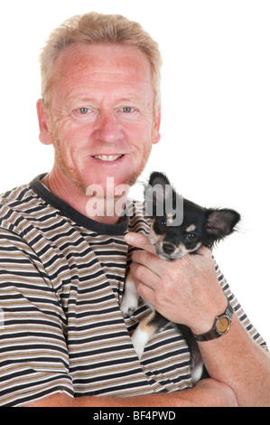 Big boss and his little doggy isolated over white Stock Photo