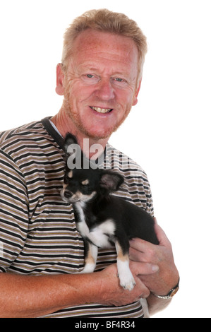 Big boss and his little doggy isolated over white Stock Photo