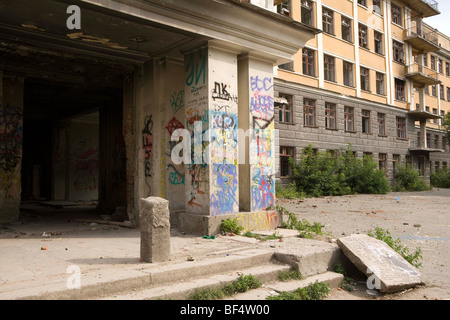 Abandoned hospital with graffiti at entrance, Ekaterinburg, Urals, Russia Stock Photo