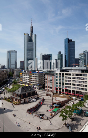 View of the financial district, Commerzbank, European Central Bank, Deutsche Bank, Hessische Landesbank, Frankfurt am Main, Hes Stock Photo